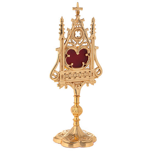 Neogothic gold plated brass reliquary with red velvet window h 12 1/2 in 4