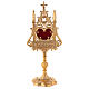 Neogothic gold plated brass reliquary with red velvet window h 12 1/2 in s1