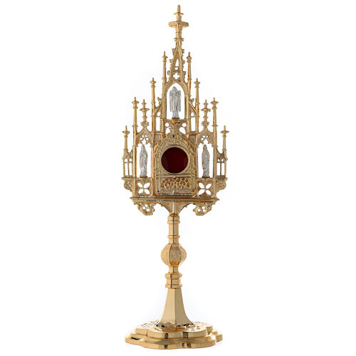 Reliquary in neo-Gothic gold-plated brass with statuettes h 57 1