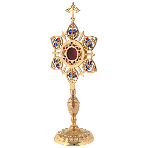 Flower shape reliquary in gold plated brass with colored stones 3