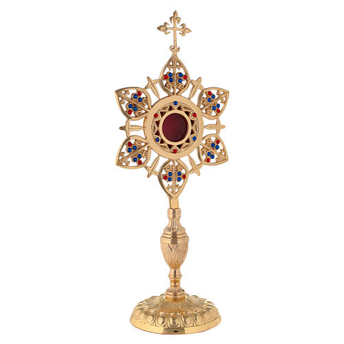 Flower shape reliquary in gold plated brass with colored stones 4