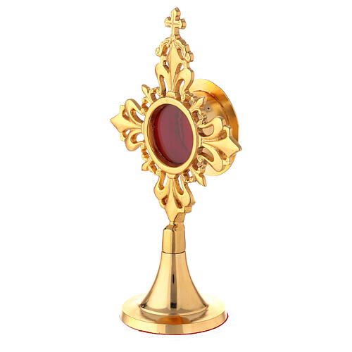 Circular reliquary with fleur de lys, gold plated brass 17 cm 3