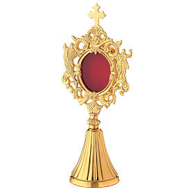 Gold plated brass reliquary with angels oval viewing window 8 3/4 in