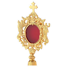 Gold plated brass reliquary with angels oval viewing window 8 3/4 in