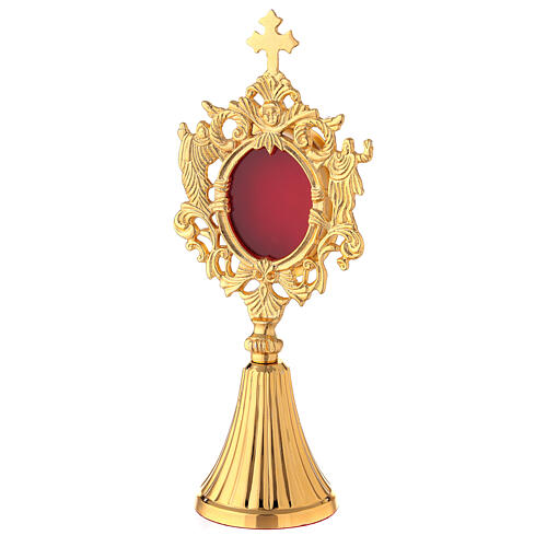 Gold plated brass reliquary with angels oval viewing window 8 3/4 in 1