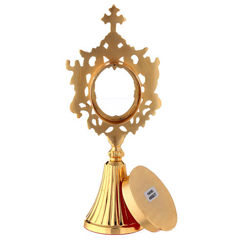 Gold plated brass reliquary with angels oval viewing window 8 3/4 in 5