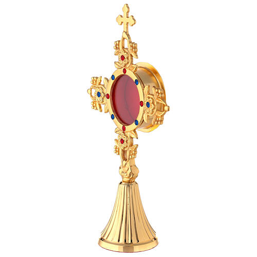 Reliquary with leaves and fruits, gold plated brass and crystals 25 cm 3