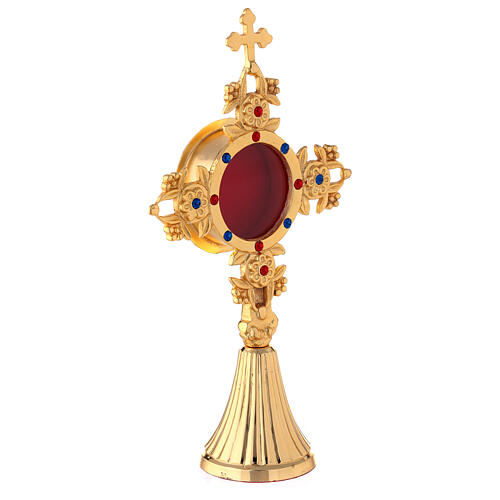 Reliquary with leaves and fruits, gold plated brass and crystals 25 cm 4