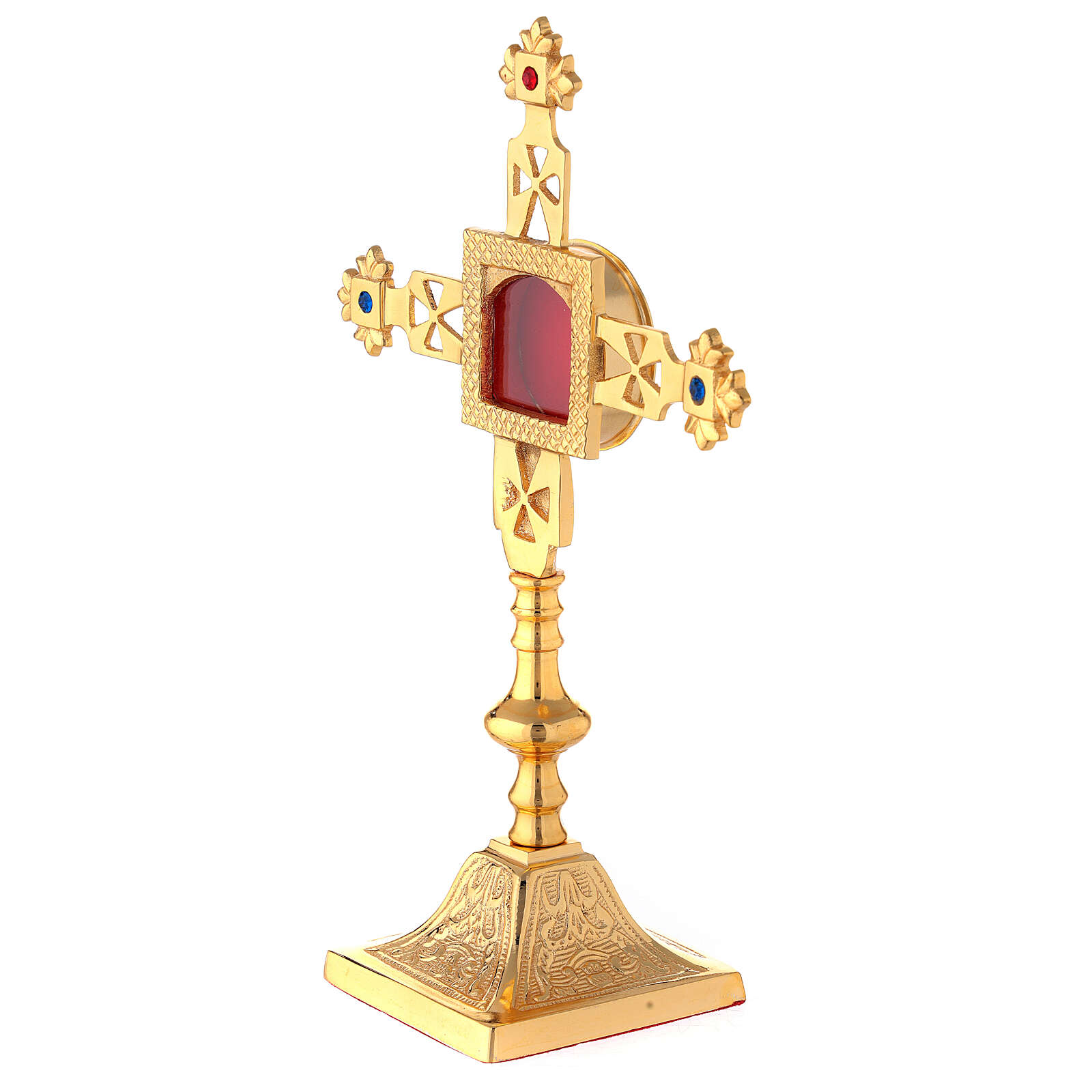Reliquiario squadrato croce latina ottone dorato 25 cm