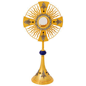 Gothic monstrance with rays, Greek cross and blue node, gold plated brass