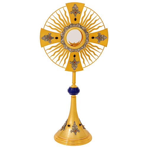 Gothic monstrance with rays, Greek cross and blue node, gold plated brass 1