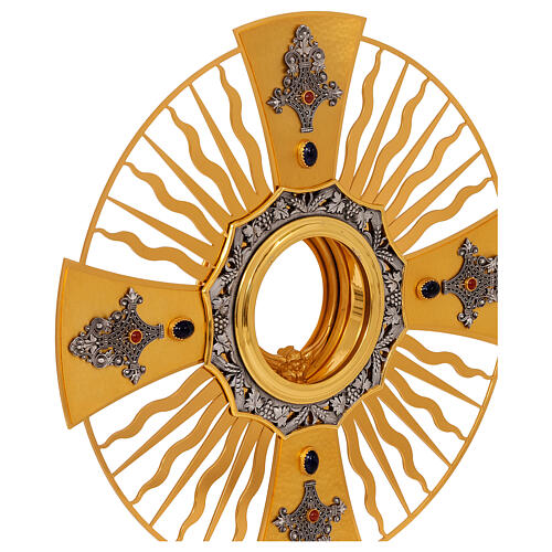 Gothic monstrance with rays, Greek cross and blue node, gold plated brass 2