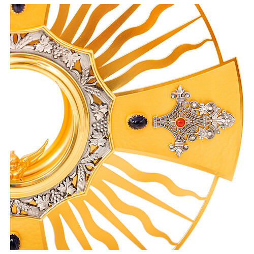 Gothic monstrance with rays, Greek cross and blue node, gold plated brass 4