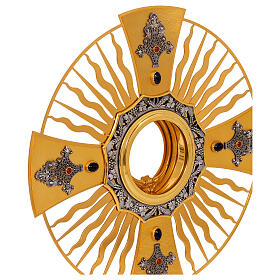 Custódia estilo gótico raios e cruz grega latão dourado com nó azul
