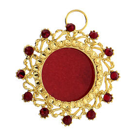 Gold plated round reliquary of 800 silver and red crystals 3.5 cm