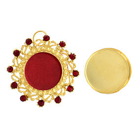 Gold plated round reliquary of 800 silver and red crystals 3.5 cm