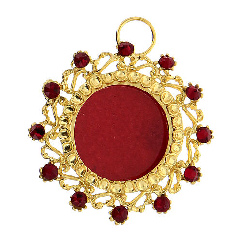 Gold plated round reliquary of 800 silver and red crystals 3.5 cm 1