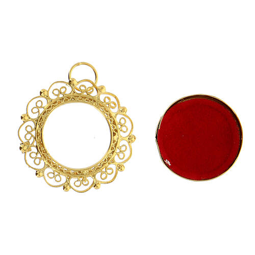 Reliquiar, runde Form, 800er Silber vergoldet, Rahmen mit Spangenornament, 3 cm 2