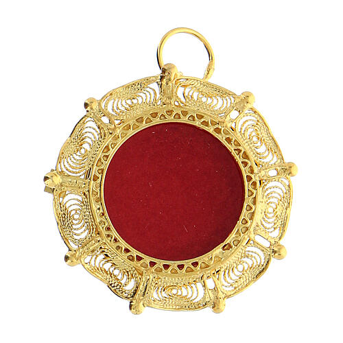 Reliquiar, runde Form, 800er Silber vergoldet, filigraner Rahmen, 3 cm 1