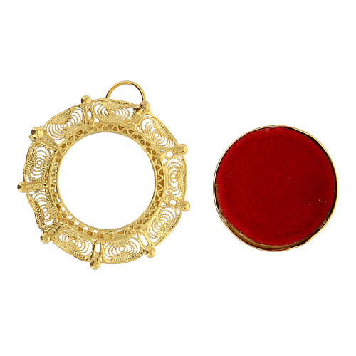 Reliquiar, runde Form, 800er Silber vergoldet, filigraner Rahmen, 3 cm 2