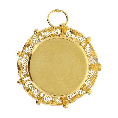 Reliquiar, runde Form, 800er Silber vergoldet, filigraner Rahmen, 3 cm 4