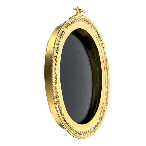 Reliquiar, ovale Form, 800er Silber vergoldet, filigraner Rahmen in Wellenform, 6x5 cm 2