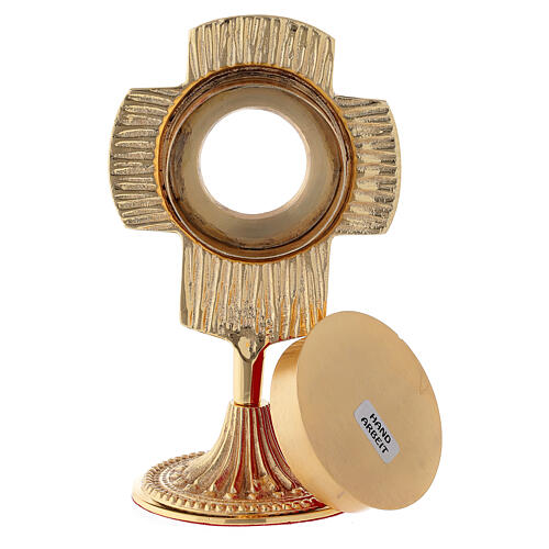 Reliquiario croce stondata oblò circolare 17 cm ottone dorato 5