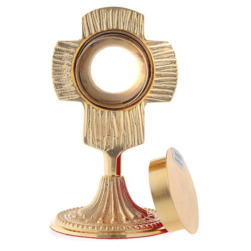 Mini reliquiario ottone dorato croce stondata teca circolare 13 cm 5