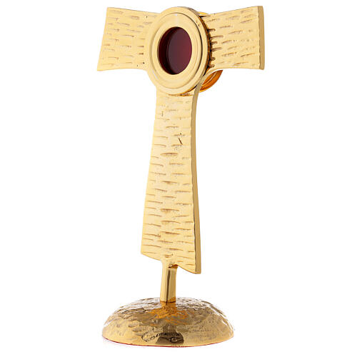 Tau reliquary with rounded box, gold plated brass 22 cm 3