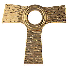 Relicário cruz Tau teca redonda latão dourado 22 cm