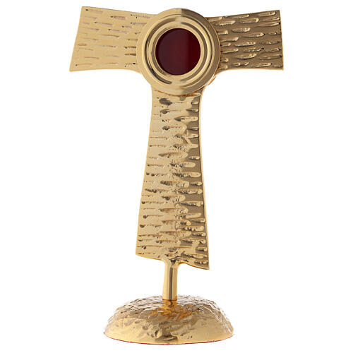 Relicário cruz Tau teca redonda latão dourado 22 cm 1