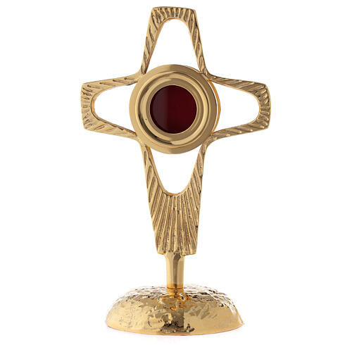 Reliquiar, durchbrochenes Kreuz, rundes Kapselgehäuse, Messing vergoldet, 20 cm 1