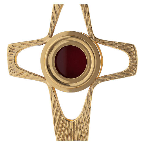 Reliquiar, durchbrochenes Kreuz, rundes Kapselgehäuse, Messing vergoldet, 20 cm 2