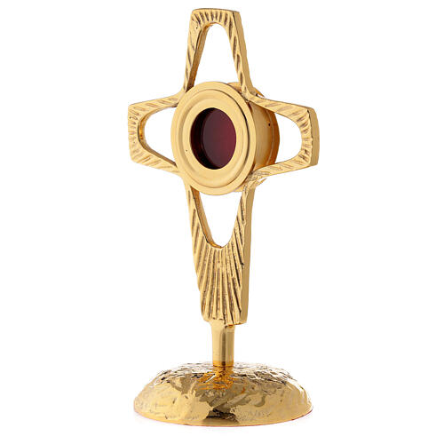 Reliquiar, durchbrochenes Kreuz, rundes Kapselgehäuse, Messing vergoldet, 20 cm 3