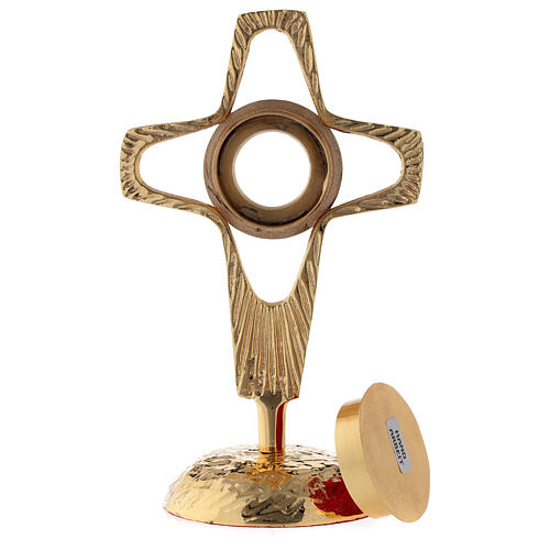 Reliquiar, durchbrochenes Kreuz, rundes Kapselgehäuse, Messing vergoldet, 20 cm 6