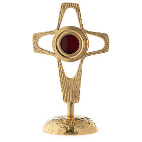 Reliquiario croce traforata teca tonda ottone dorato 20 cm