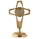 Reliquiario croce traforata teca tonda ottone dorato 20 cm s5