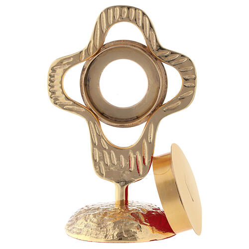 Reliquiario ottone dorato croce stondata traforata teca tonda 18 cm 6