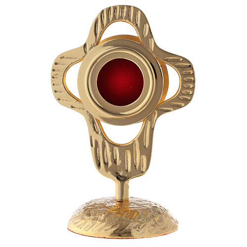 Monstrance in gilded brass, rounded perforated cross, round luna 18 cm 1