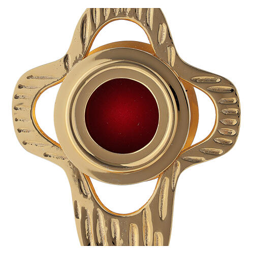 Monstrance in gilded brass, rounded perforated cross, round luna 18 cm 2