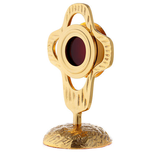 Monstrance in gilded brass, rounded perforated cross, round luna 18 cm 3