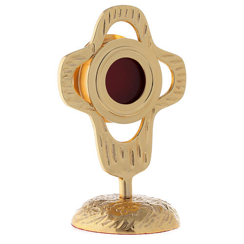 Monstrance in gilded brass, rounded perforated cross, round luna 18 cm 4