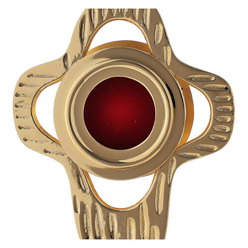 Monstrance in gilded brass, rounded perforated cross, round luna 18 cm 2