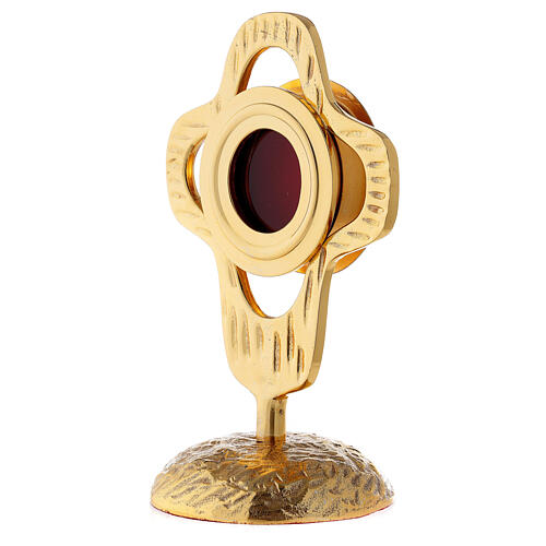 Monstrance in gilded brass, rounded perforated cross, round luna 18 cm 3