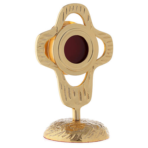 Monstrance in gilded brass, rounded perforated cross, round luna 18 cm 4