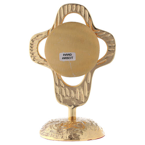 Monstrance in gilded brass, rounded perforated cross, round luna 18 cm 5