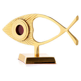 Reliquiar, stilisierte Fischform, horizontal, rundes Kapselgehäuse, Messing vergoldet, 22 cm