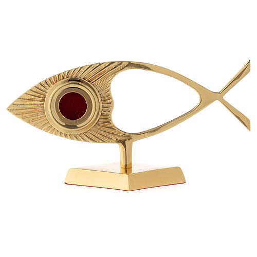 Reliquiar, stilisierte Fischform, horizontal, rundes Kapselgehäuse, Messing vergoldet, 22 cm 1
