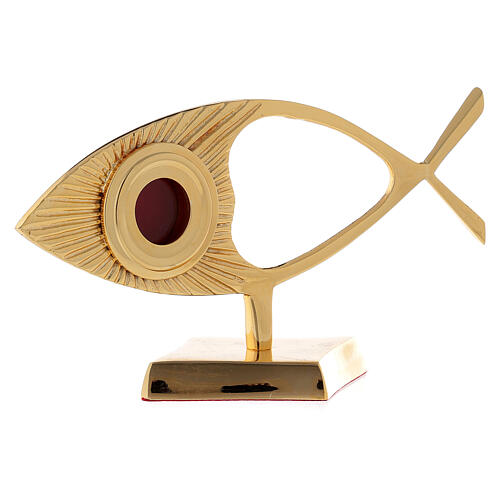 Reliquiar, stilisierte Fischform, horizontal, rundes Kapselgehäuse, Messing vergoldet, 22 cm 3