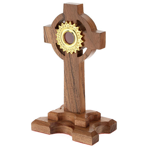 Relicário madeira carvalho cruz 20 cm luneta dourada 2